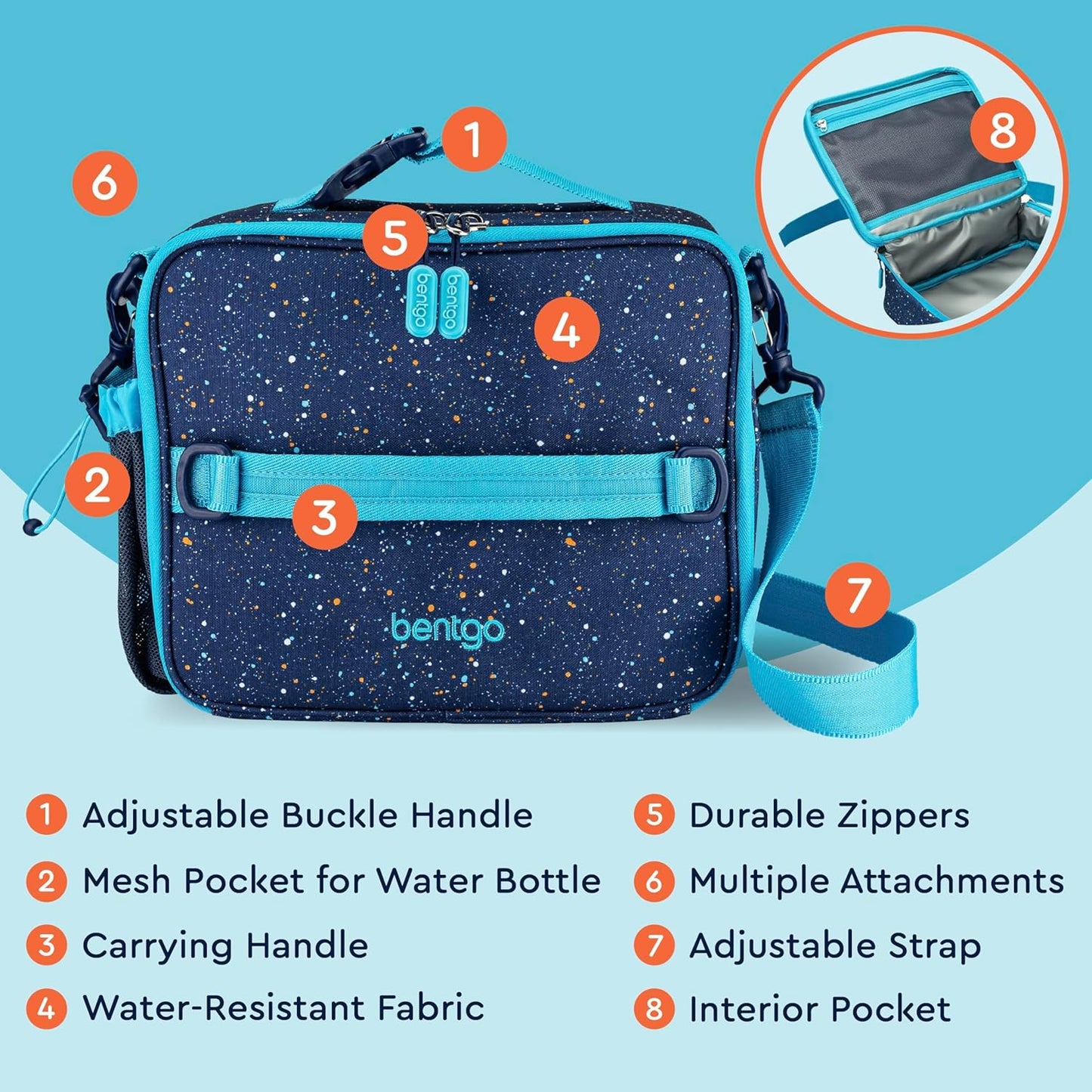 Bentgo® Kids Lunch Bag - Durable, Double Insulated, Water-Resistant Fabric, Interior & Exterior Zippered Pockets, Water Bottle Holder - Ideal for Children 3+ (Shark)