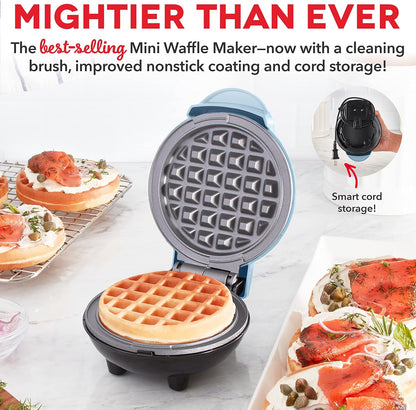 DASH Deluxe Mini Maker for Individual Waffles, Hash Browns, Keto Chaffles with Included Brush and Cord Wrap, and Easy to Clean Non-Stick Surfaces, 4 Inch, Dream Blue