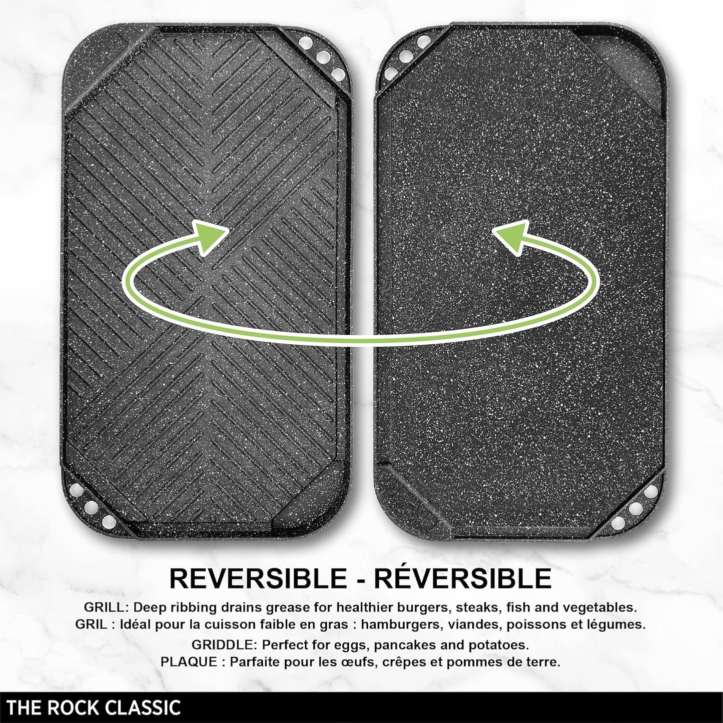 Starfrit The Rock 50x28cm (19.7" x 11") Non-Stick Reversible Grill & Griddle - Durable Forged Aluminum - Oven Safe - PFOA Free - Easy to Clean - Black