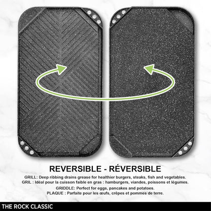 Starfrit The Rock 50x28cm (19.7" x 11") Non-Stick Reversible Grill & Griddle - Durable Forged Aluminum - Oven Safe - PFOA Free - Easy to Clean - Black