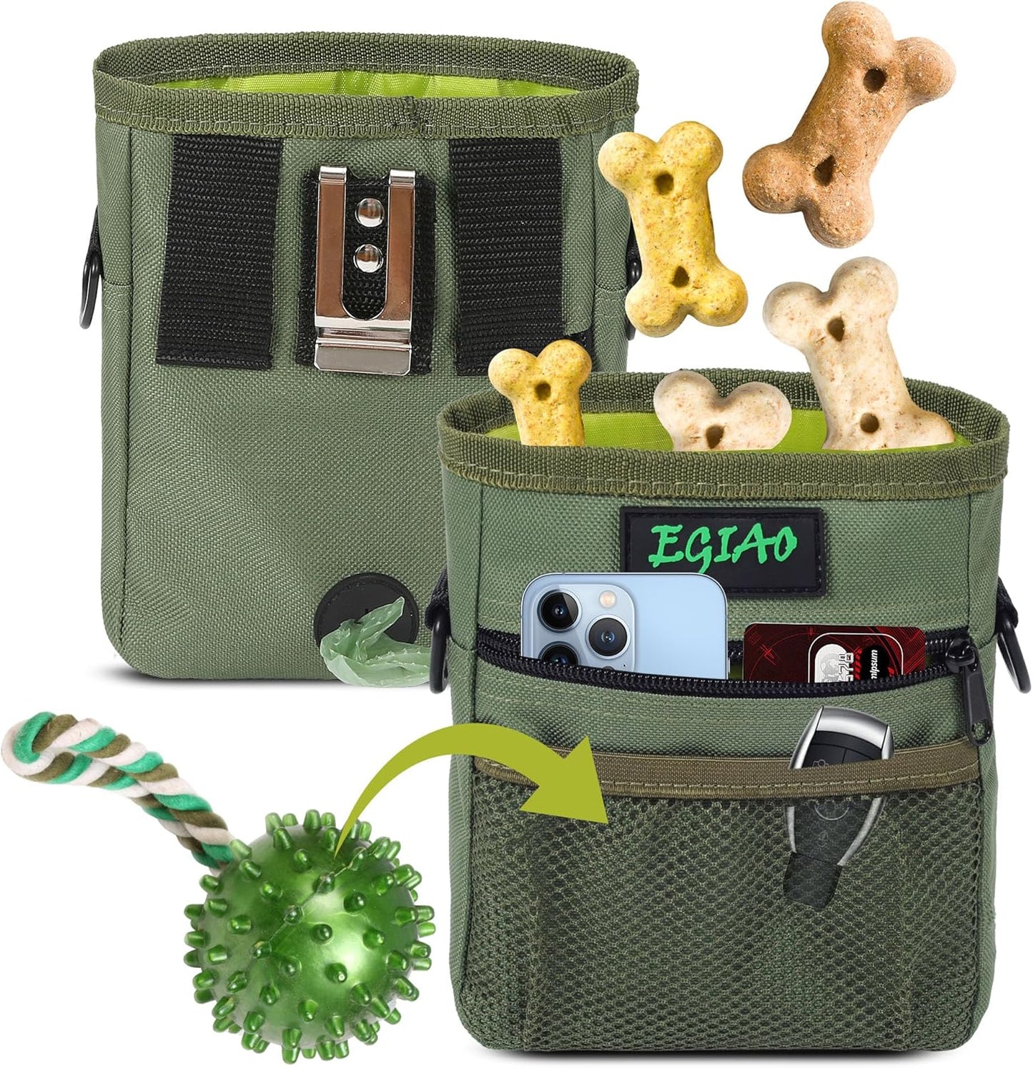 Dog Treat Pouch with Collapsible Dog Bowl, Training Clicker and Poop Bags, Treat Pouches for Pet Training, Built-in Poop Bag Dispenser, Waist Belt Clip, Puppy Treat Pouch Magnetic Closure - Black
