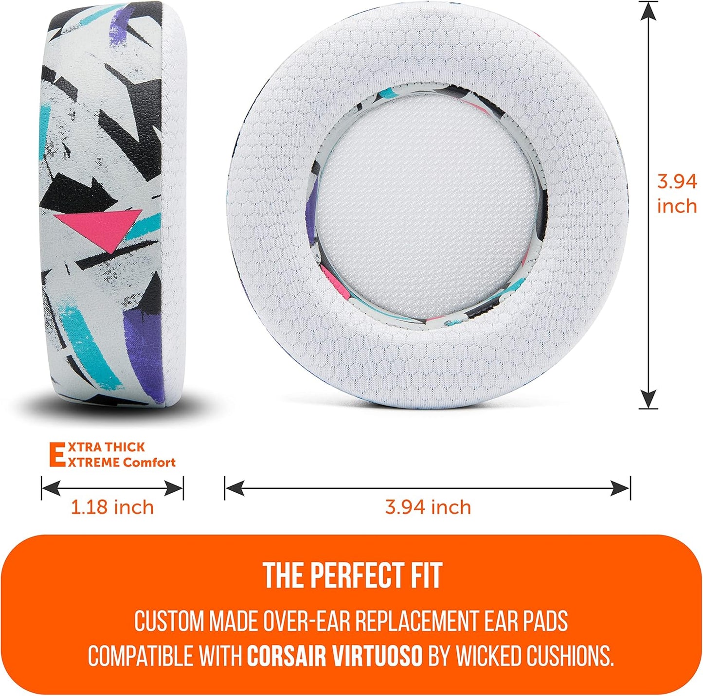 WC Freeze Virtuoso - Hybrid Fabric Cooling Gel Replacement Earpads for Corsair Virtuoso Gaming Headset, Made by Wicked Cushions, Improved Durability, Thickness and Sound Isolation | 90s White