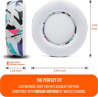 WC Freeze Virtuoso - Hybrid Fabric Cooling Gel Replacement Earpads for Corsair Virtuoso Gaming Headset, Made by Wicked Cushions, Improved Durability, Thickness and Sound Isolation | 90s White