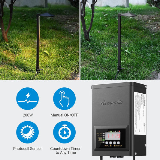 DEWENWILS 200W Low Voltage Transformer with Timer and Photocell Sensor, 120V AC to 12V/14V AC, Landscape Lighting Transformer for Spotlight, Pathway Light, Outdoor& Indoor Weatherproof, ETL Listed - PuriLite