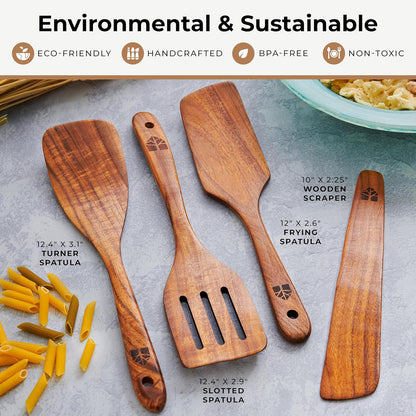 Wooden Spatula for Cooking, Kitchen Spatula Set of 4, Natural Teak Kitchen Utensils Including Paddle, Turner, Slotted Spurtle and Wood Scraper - Nonstick cookware