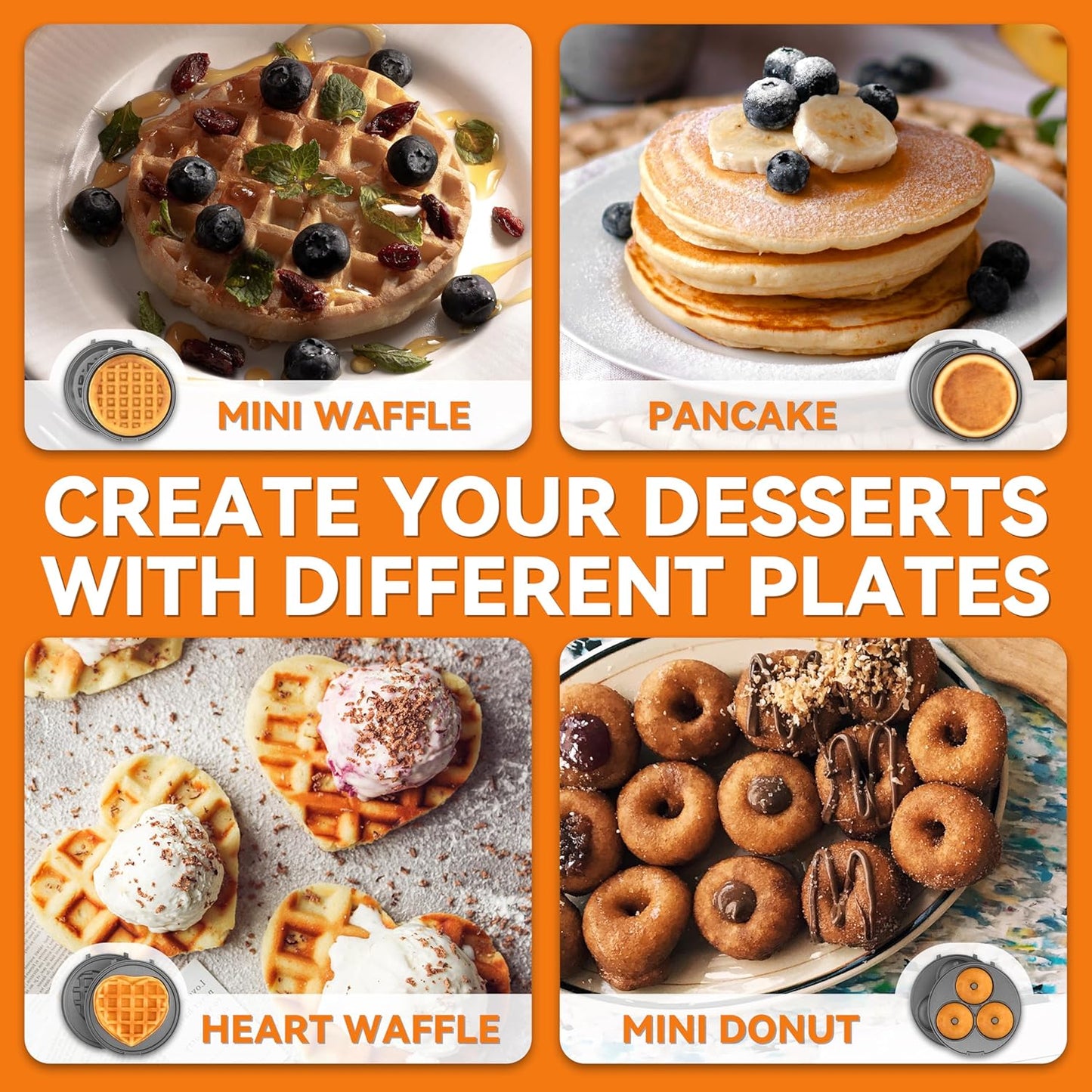 Baker's Friend 4 in 1 Mini Waffle Maker With Removable Plates - Pancake, Donut, Heart Shape and Small Waffle Maker Set - Recipe Included, Graphite