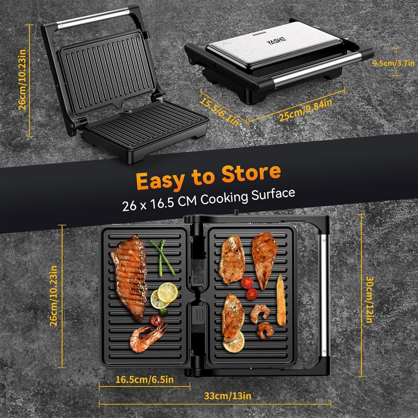 YASHE Panini Grill Press, 1200 W Sandwich Maker, Panini Maker with Non-Stick Coated Cast Aluminum Plates, Fits 2 Slices of Bread, 180-Degree Opening, Easy to Clean,Versatile Use