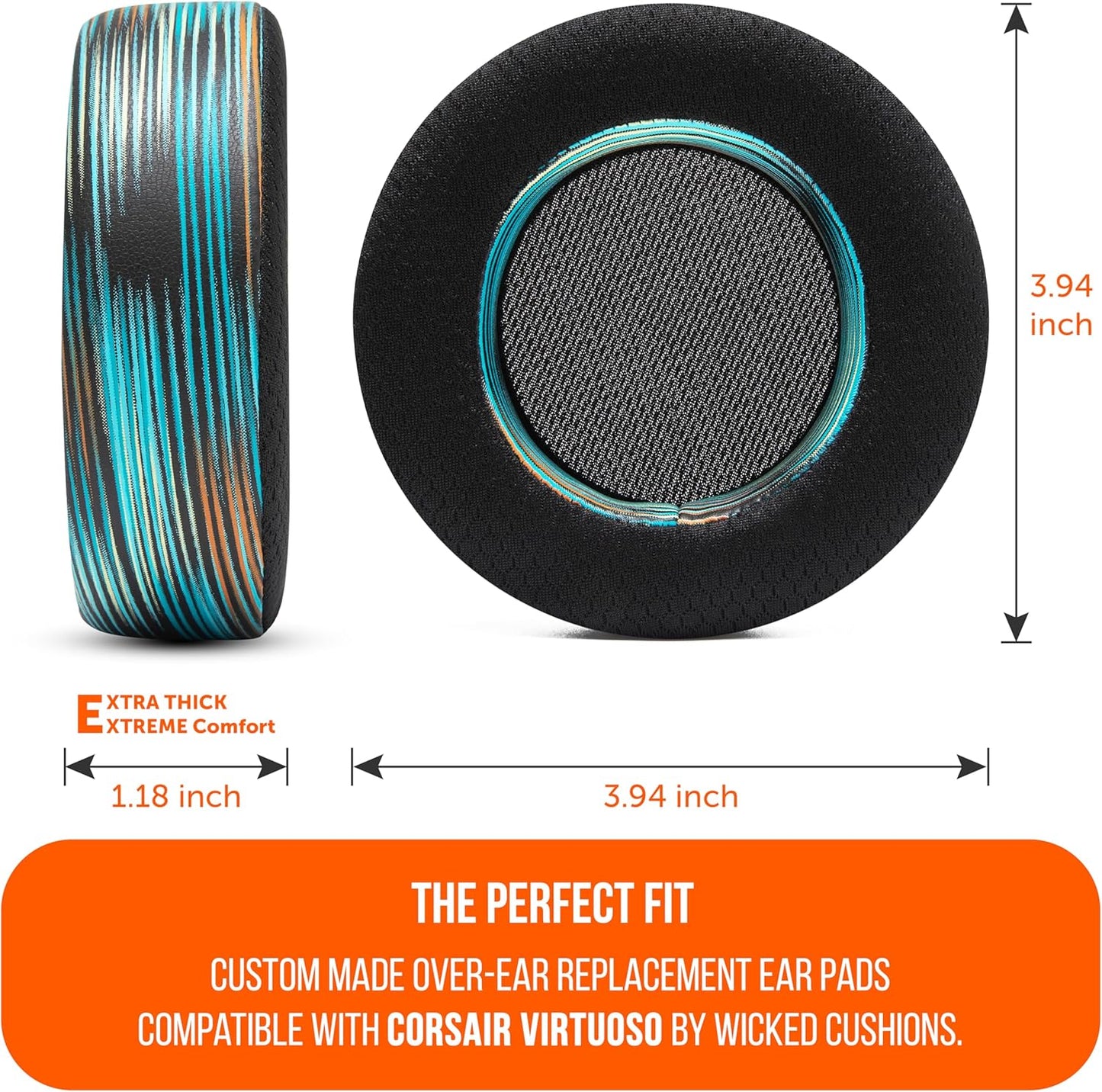 WC Freeze Virtuoso - Hybrid Fabric Cooling Gel Replacement Earpads for Corsair Virtuoso Gaming Headset, Made by Wicked Cushions, Improved Durability, Thickness and Sound Isolation |Navy Tiger