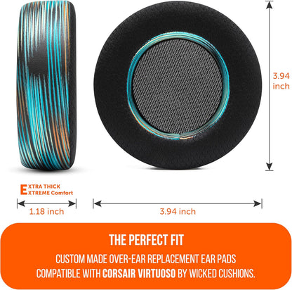 WC Freeze Virtuoso - Hybrid Fabric Cooling Gel Replacement Earpads for Corsair Virtuoso Gaming Headset, Made by Wicked Cushions, Improved Durability, Thickness and Sound Isolation |Navy Tiger