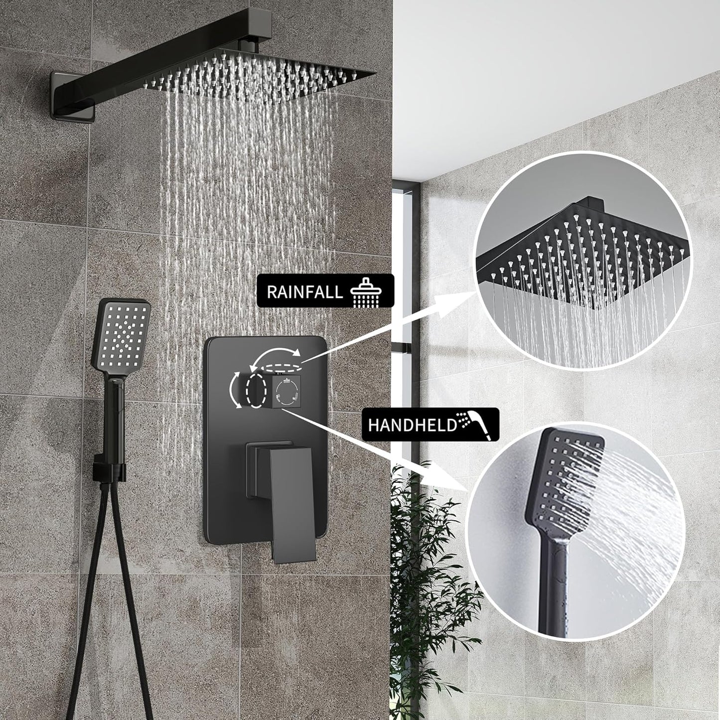 LCEVCGK Shower Faucet Set Complete Matte Black Shower System with 8 inch Square Rainfall Shower Head 3-Function Handheld Shower Waterfall Bathtub Spout Rain Shower Combo Set Bathroom Wall Mounted