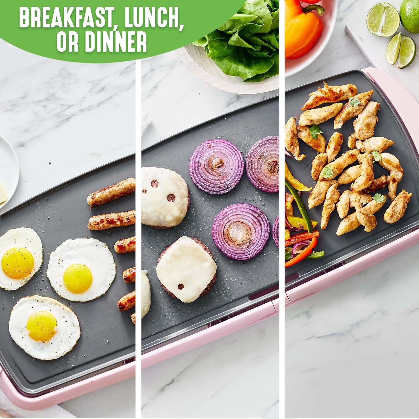 GreenLife Healthy Ceramic Nonstick, Extra Large 20" Electric Griddle for Pancakes Eggs Burgers and More, Stay Cool Handles, Removable Drip Tray, Adjustable Temperature Control, PFAS-Free, Soft Pink