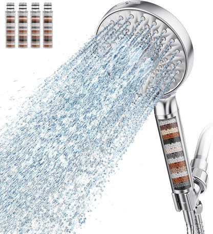 Filtered Shower Head with Handheld, High Pressure 9 Spray Mode Chrome Showerhead with Filters,Detachable Shower Head,Water Softener Filters Beads for Hard Water -Remove Chlorine