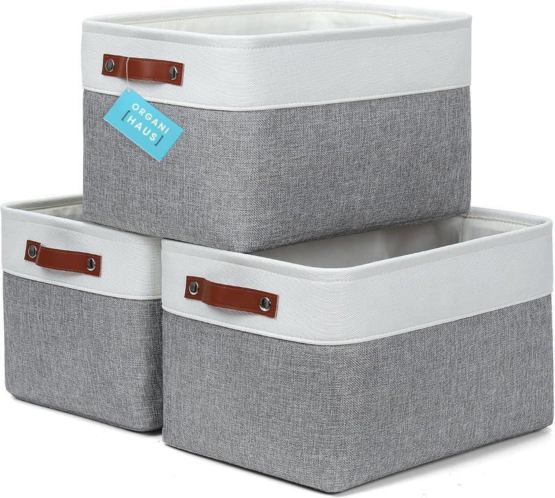 OrganiHaus Large Fabric Storage Baskets for Shelves 3 Pack, 15x11in Closet Storage Bins for Shelves, Cloth Baskets, Fabric Storage Cubes, Linen Closet Organizers, Fabric Basket, White Basket