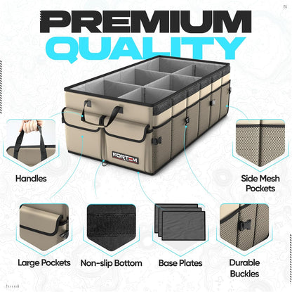FORTEM Car Trunk Organizer, Collapsible Multi Compartment Car Organizer, Foldable SUV Storage for Car Accessories for Women Men, Non Slip Bottom, Securing Straps, Soft Cover 50L (Black, Standard)