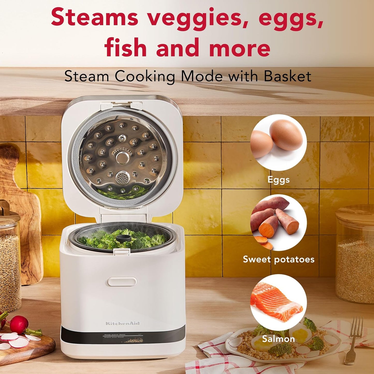 KitchenAid Compact 8 Cup Grain and Rice Cooker with Automatic Sensing and Integrated Scale, KGC2154PL, Porcelain White