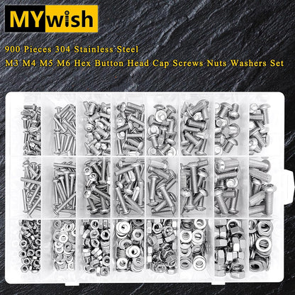 Mywish 900Pcs Metric Screw Assortment, M3 M4 M5 M6 Screw Assortment Kit 304 Stainless Steel Hex Socket Button Head Socket Cap Metric Screws Bolts & Flat Washers/Nuts/Hex Wrenches 16 Sizes 8MM to 20MM