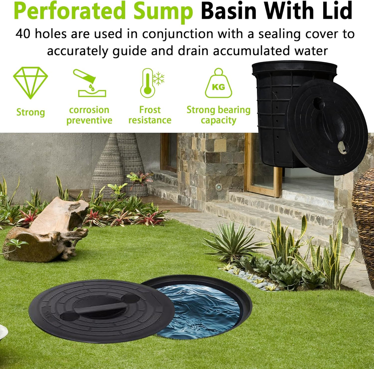 Perforated Sump Pump Basin with Lid, 18.5x16.9x15.7 Inch Heavy-Duty Perforated Sump Pump Bucket, 42 Drainage Holes,Suitable for Yard, Patio Driveway Drainage(Black) (18.5 x 16.9 x 15.7 Inch)