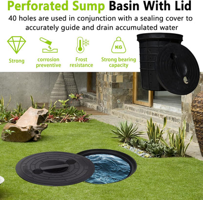 Perforated Sump Pump Basin with Lid, 18.5x16.9x15.7 Inch Heavy-Duty Perforated Sump Pump Bucket, 42 Drainage Holes,Suitable for Yard, Patio Driveway Drainage(Black) (18.5 x 16.9 x 15.7 Inch)