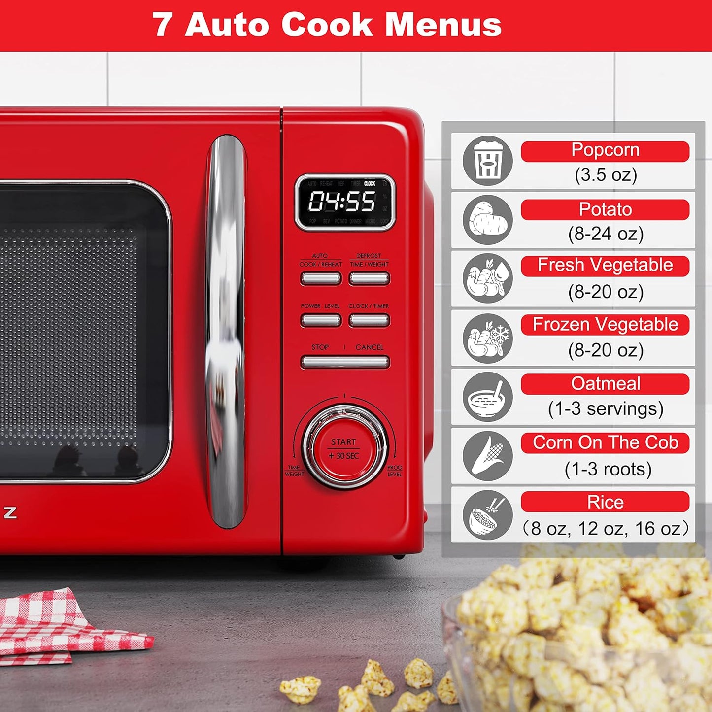 Galanz GLCMKZ07RDR07 Retro Countertop Microwave Oven with Auto Cook & Reheat, Defrost, Quick Start Functions, Easy Clean with Glass Turntable, Pull Handle,0.7 cu ft, Red