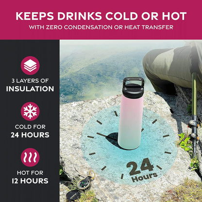 FineDine Water Bottle - Stainless Steel Insulated Water Bottle with Straw Lid, Flip Lid & Wide-Mouth Cap - Keeps Hot and Cold - 25 Oz / 739ml - Pure Pearly White