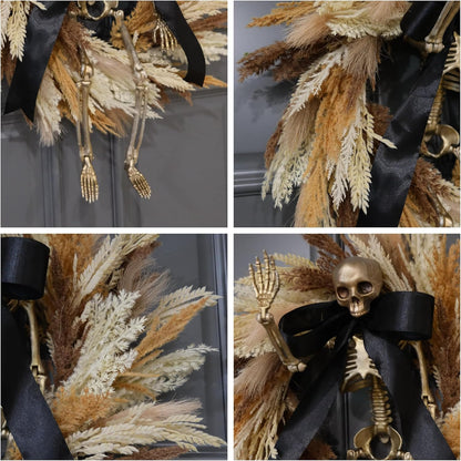 FLOROAD 24" Halloween Wreath for Front Door with Gold Skull Skeleton, Black Bow, Artificial Wheat and Pampas Grass - Fall Halloween Holiday Scary Gothic Decoration for Home Door Wall