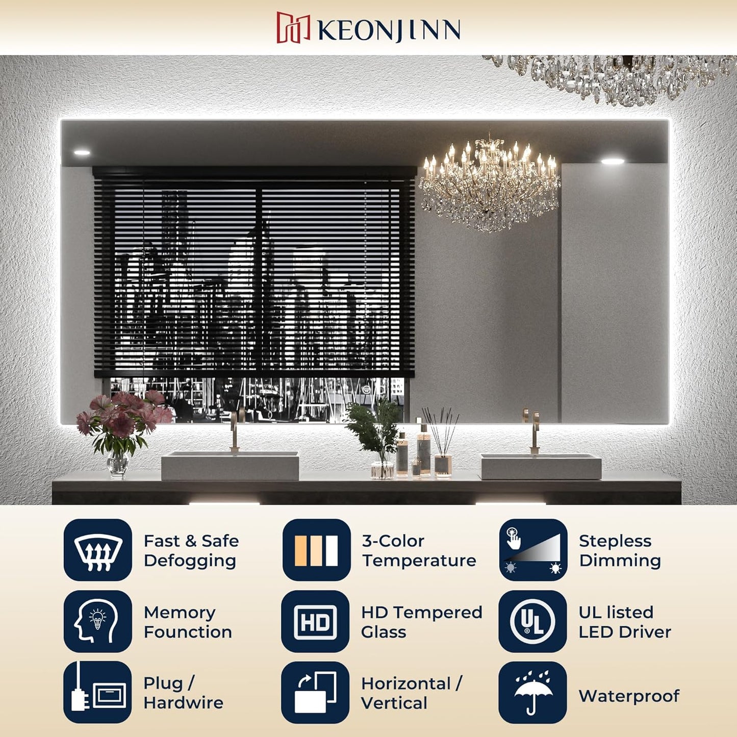 Keonjinn 40 x 32 Inch LED Bathroom Mirror with Acrylic, Backlit Mirror Anti-Fog, Lighted Bathroom Mirror for Wall, CRI90 High Definition Dimmable Large Makeup Mirror(Horizontal/Vertical)