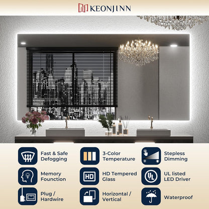 Keonjinn 40 x 32 Inch LED Bathroom Mirror with Acrylic, Backlit Mirror Anti-Fog, Lighted Bathroom Mirror for Wall, CRI90 High Definition Dimmable Large Makeup Mirror(Horizontal/Vertical)