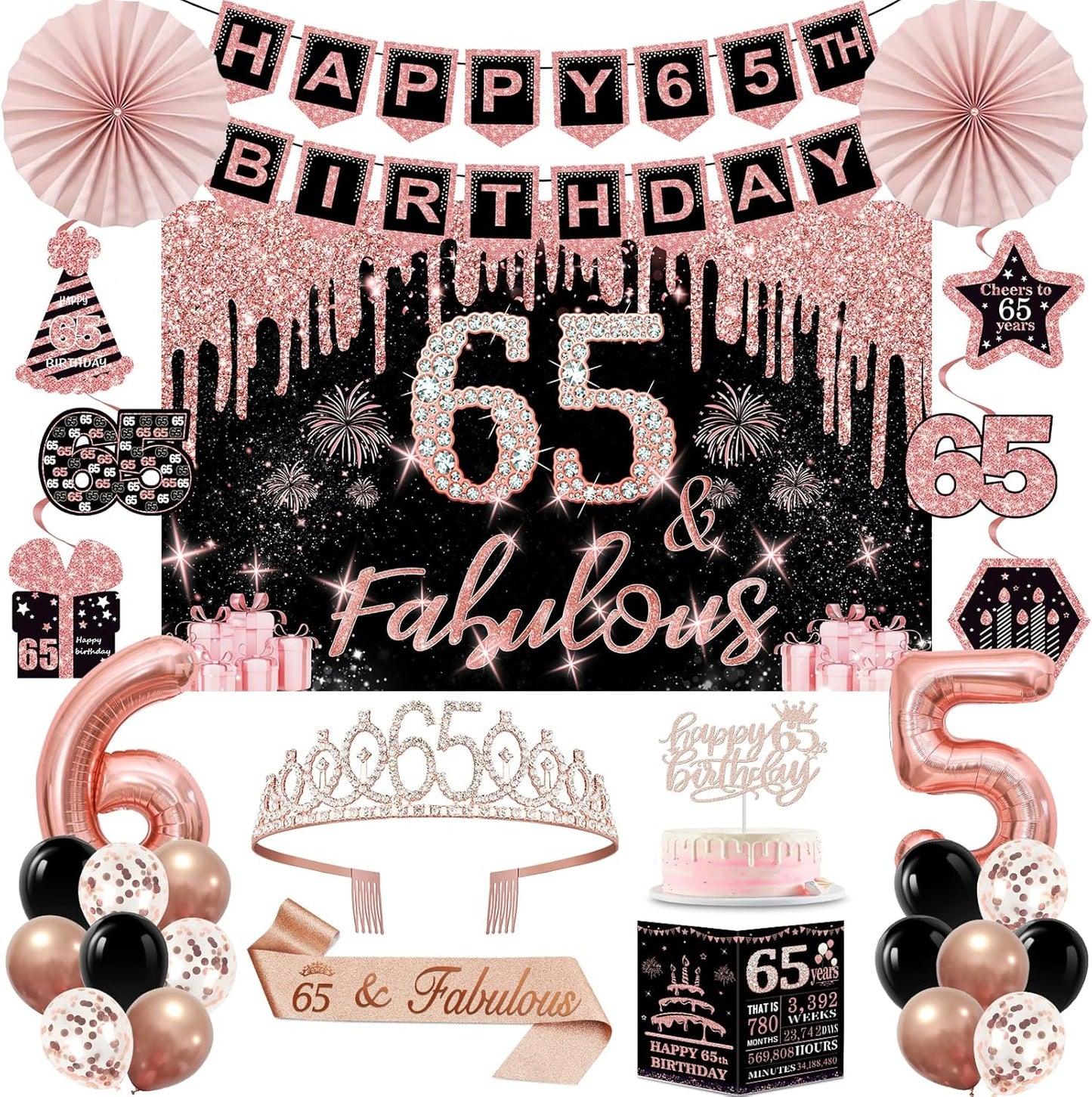 40th Birthday Decorations for Women,32pcs 40th Birthday Party Decorations,Including Backdrop, Crown,Sash,banner, Hanging Swirl,Cake Topper,balloons,Paper Fans,Anniversary Card and paper fans