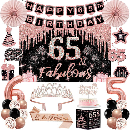 40th Birthday Decorations for Women,32pcs 40th Birthday Party Decorations,Including Backdrop, Crown,Sash,banner, Hanging Swirl,Cake Topper,balloons,Paper Fans,Anniversary Card and paper fans
