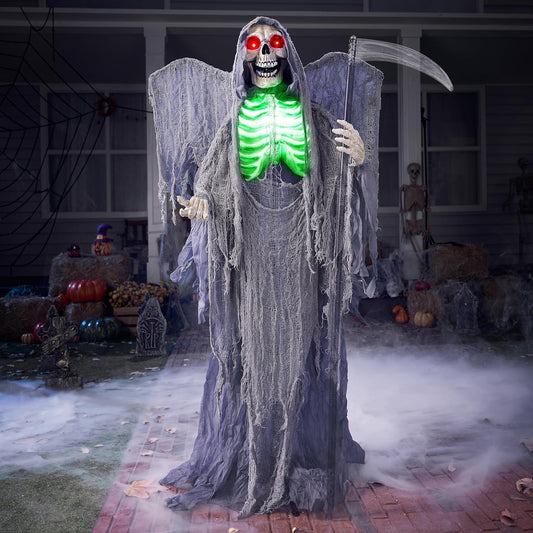 JOYIN 67" Halloween Animatronic Grim Reaper Decoration with Wings, Life Size Standing Animated Ghost with Light-Up Eyes, Creepy Sound, and Movable Body for Halloween Haunted House Decorations