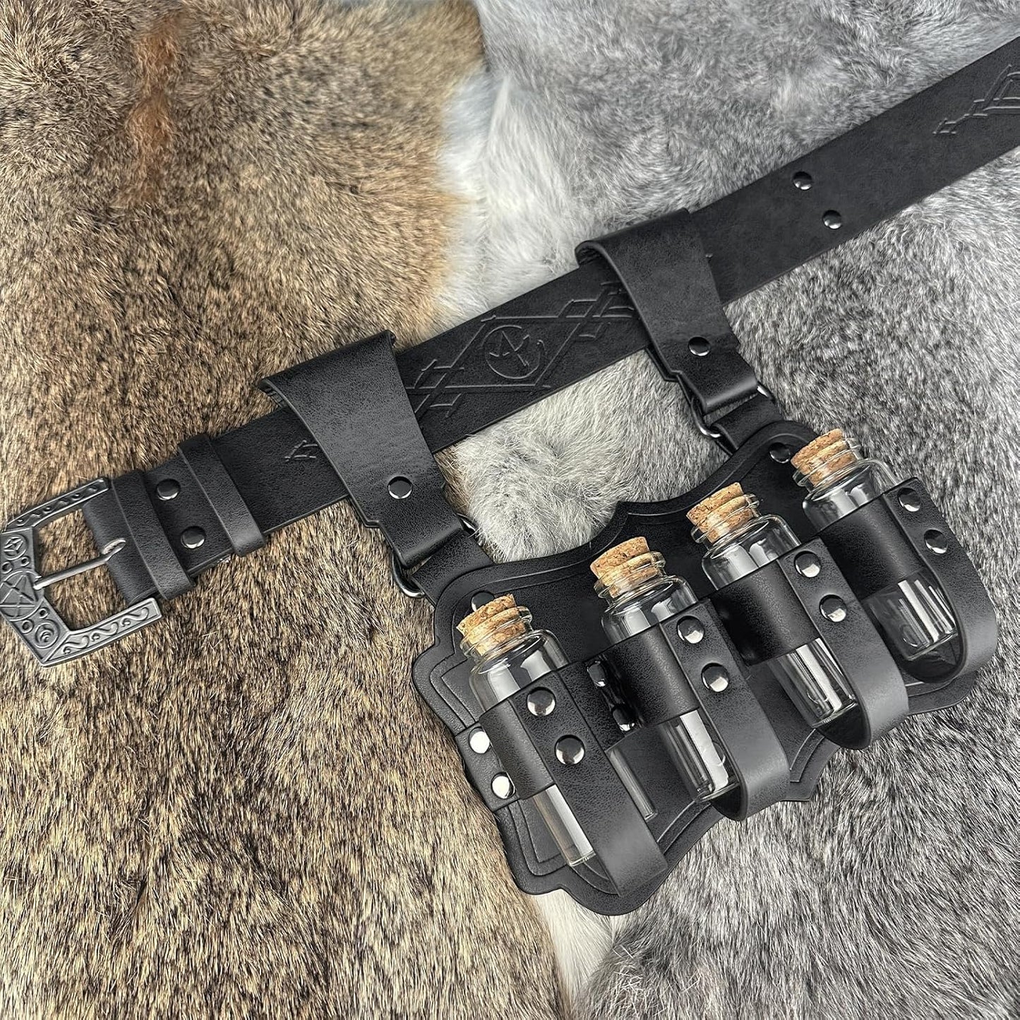 HiiFeuer Medieval Embossed Alchemy Faux Leather Buckle Belt with 4 Cork Vials, Fantasy Wizard Potion Bottles Belt