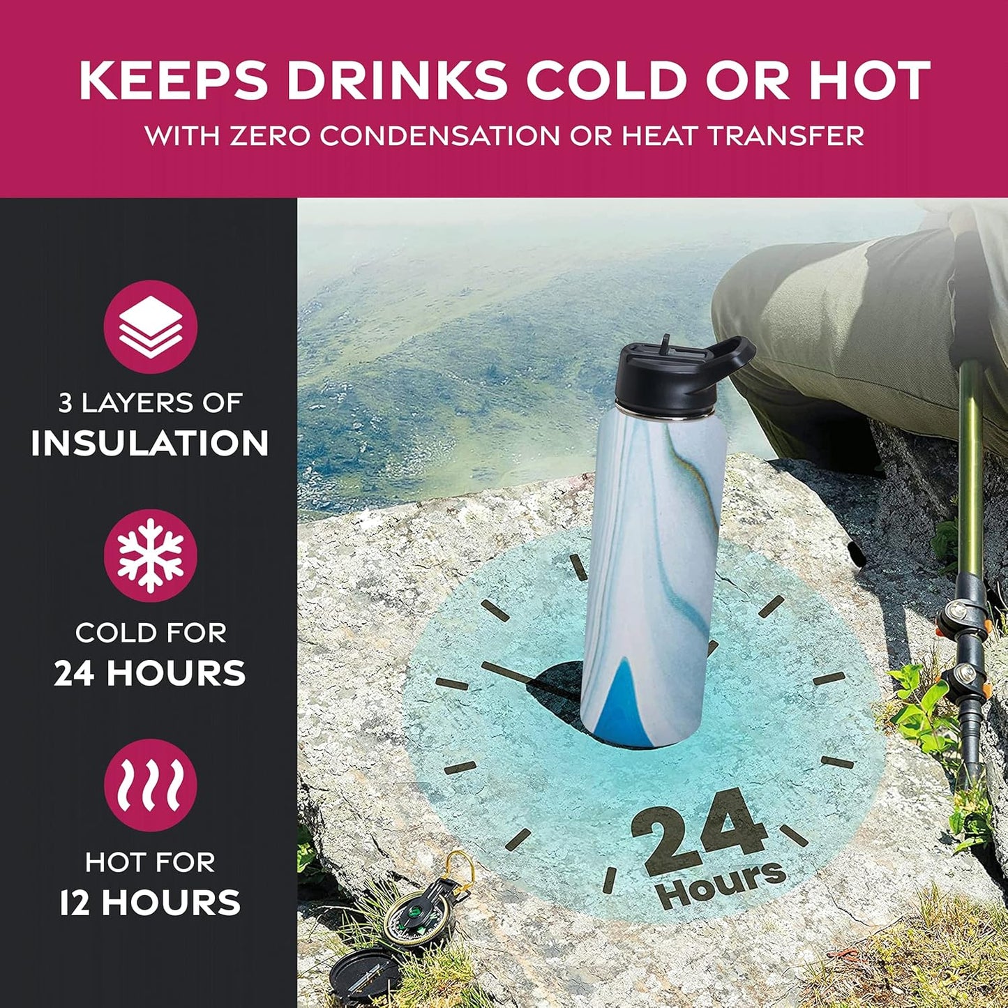 FineDine Water Bottle - Stainless Steel Insulated Water Bottle with Straw Lid, Flip Lid & Wide-Mouth Cap - Keeps Hot and Cold - 25 Oz / 739ml - Pure Pearly White