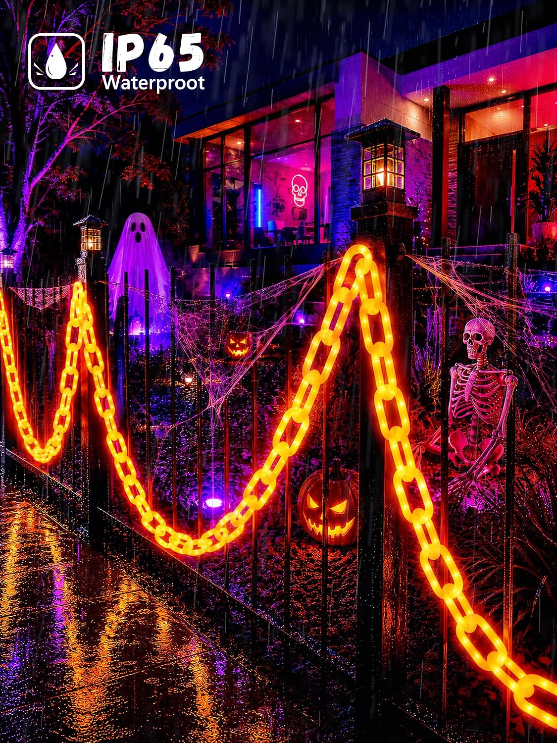Battery Halloween Chain Lights 10 FT 160 LED Orange Light-Up Plastic Timer