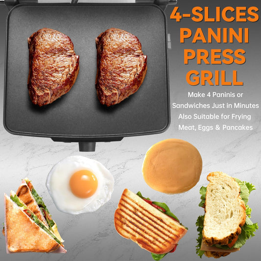 Baker's Friend Panini Press Electric Griddle, Panini Grill Press Sandwich Maker Press, Grilled Cheese Maker, Sandwichera Electrical, Browning Control, Non Stick Surfaces, 4-Slices, Stainless Steel - PuriLite