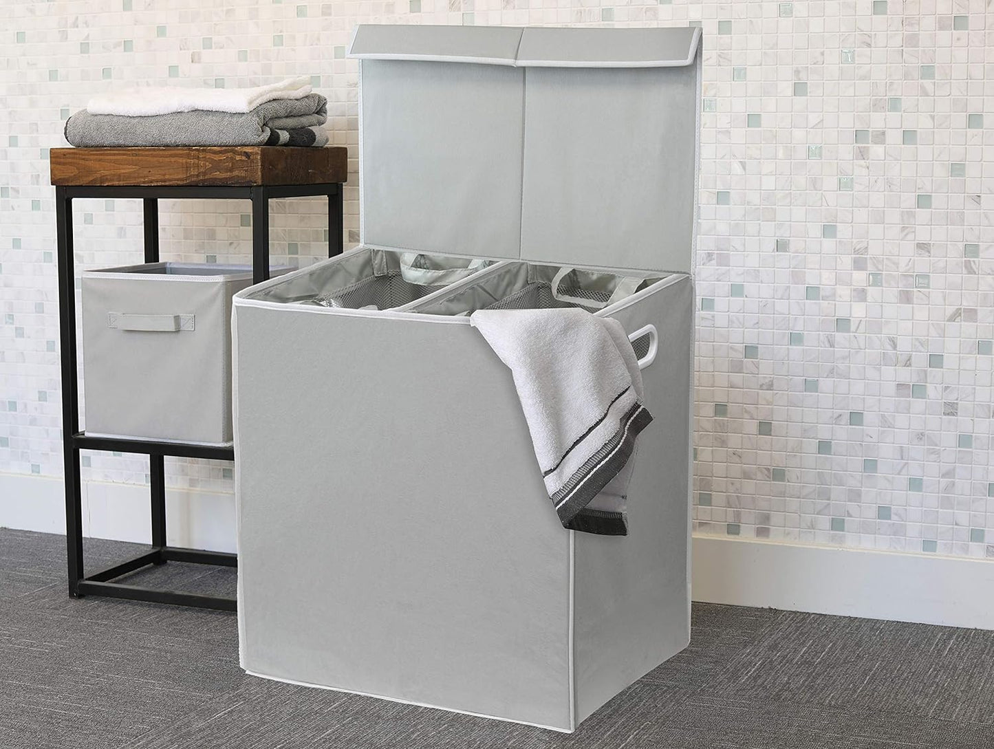 SimpleHouseware Double Laundry Hamper with Lid and Removable Laundry Bags, Beige