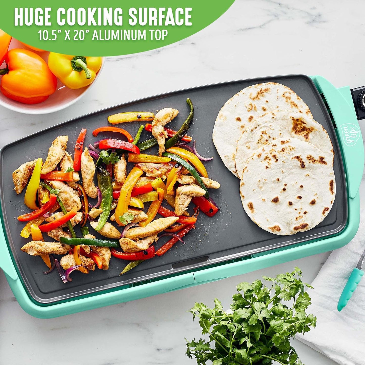 GreenLife Healthy Ceramic Nonstick, Extra Large 20" Electric Griddle for Pancakes Eggs Burgers and More, Stay Cool Handles, Removable Drip Tray, Adjustable Temperature Control, PFAS-Free, Soft Pink