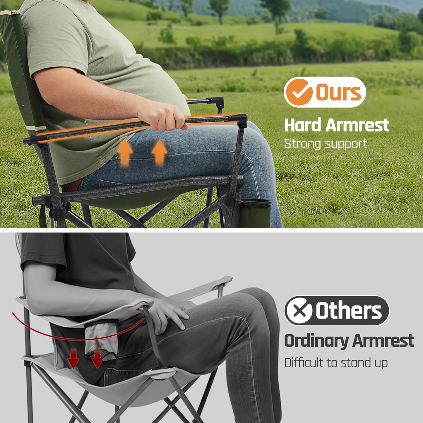 Folding Camping Chairs 2 Pack, Heavy Duty Camping Chairs for Adults Steel Frame Support 400 lbs, Metal Arm Lawn Chairs with Swivel Cup Holder, Hollow Backrest Camp Chair, Outdoor Sports Chairs, Green