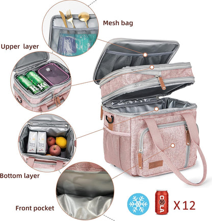 Lunch Bag Women Insulated Lunch Box for Work, Purple Expandable Large Lunch Bags, Leakproof Double Deck Lunch Box Cooler Bag（Purple）