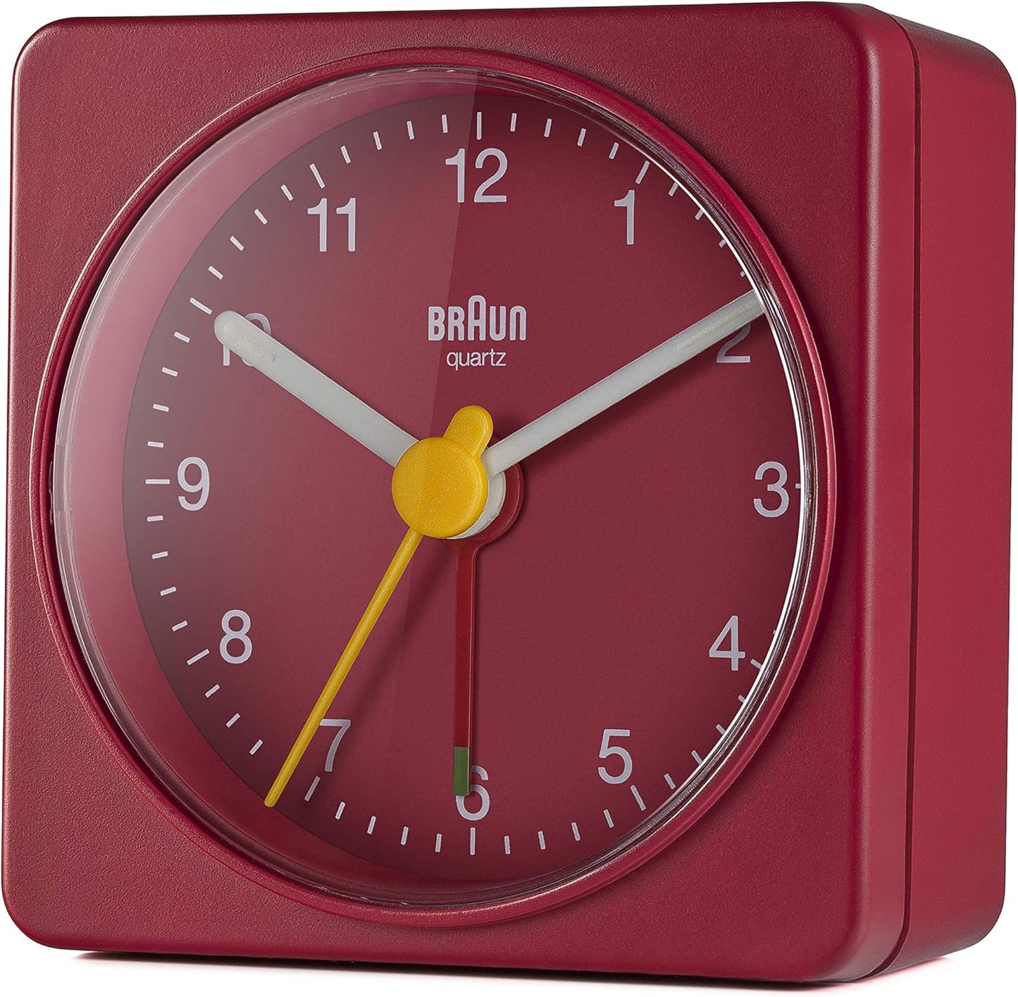 Braun Classic Travel Analogue Alarm Clock, Compact Size, Quiet Quartz Movement, Crescendo Beep Alarm in Red, Model BC02R.