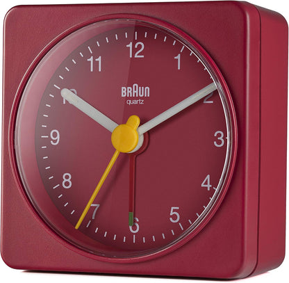 Braun Classic Travel Analogue Alarm Clock, Compact Size, Quiet Quartz Movement, Crescendo Beep Alarm in Red, Model BC02R.