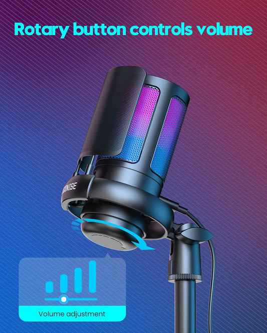 Gaming USB Microphone with RGB Lights, Cardioid Condenser Mic for Streaming, Podcasting, Video Production, PC, PS4/PS5 – Includes Tripod, Pop Filter, Shock Mount, Quick Mute, and Volume Control