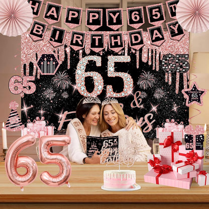 40th Birthday Decorations for Women,32pcs 40th Birthday Party Decorations,Including Backdrop, Crown,Sash,banner, Hanging Swirl,Cake Topper,balloons,Paper Fans,Anniversary Card and paper fans