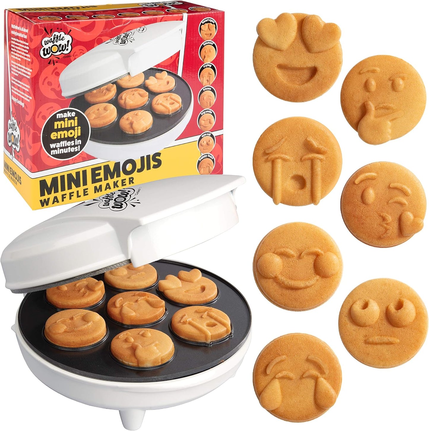 Mini Emojis Waffle Maker - Create 7 Adorable Emoji Waffles or Pancakes with Electric Non Stick Waffler Iron - Featuring a Kiss Face, Heart Eyes, Smile Expressions & More - Fun for Kids