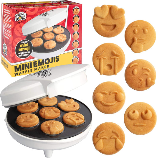 Mini Emojis Waffle Maker - Create 7 Adorable Emoji Waffles or Pancakes with Electric Non Stick Waffler Iron - Featuring a Kiss Face, Heart Eyes, Smile Expressions & More - Fun for Kids