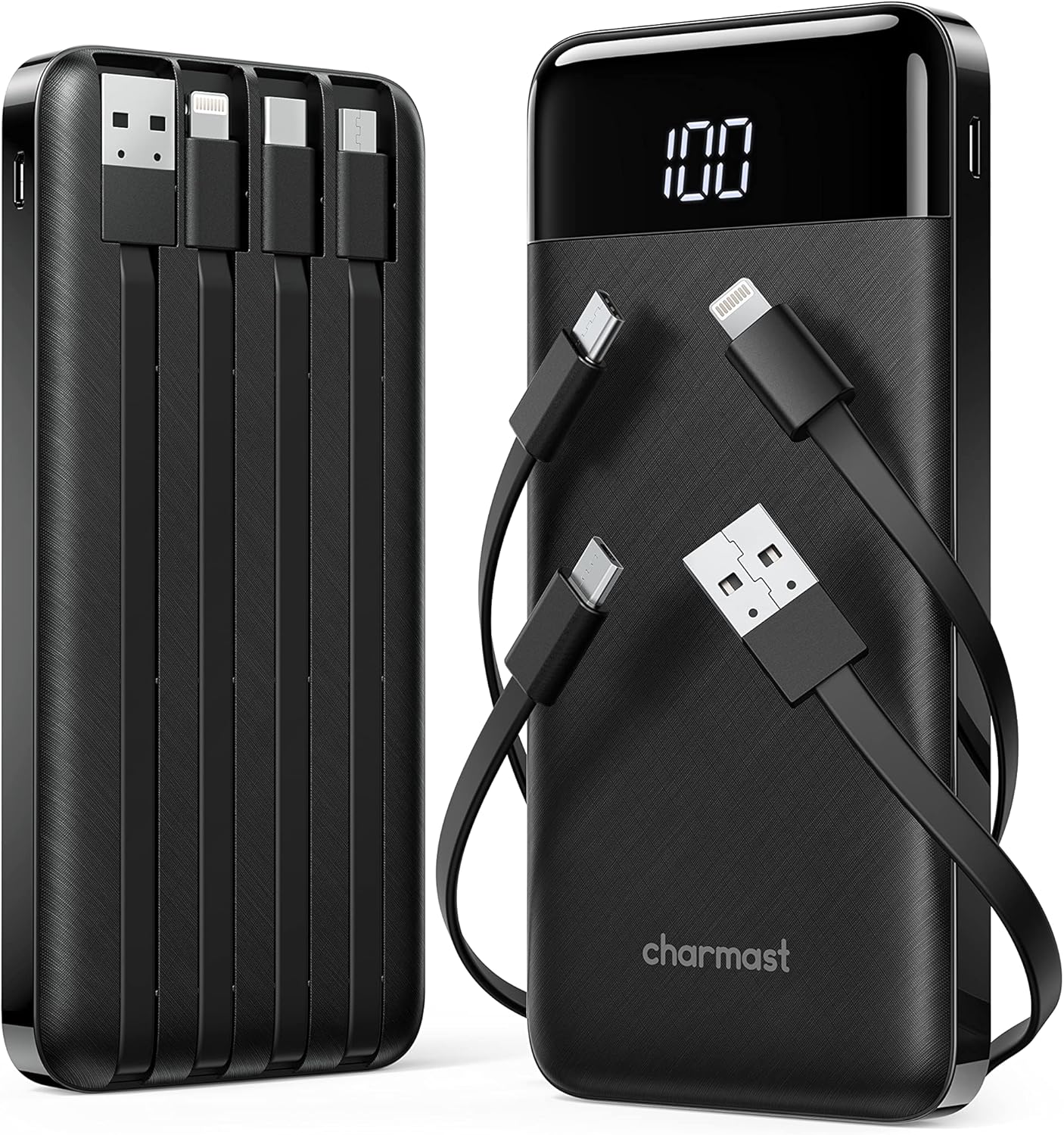 Charmast 2 Pack of Portable Chargers with Built in Cables, 2PCS Slim 10000mAh Travel Essentials Battery Pack 6 Outputs 3A Power Banks for iPhone Samsung Pixel LG Moto iPad (Black + White)