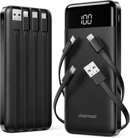 Charmast 2 Pack of Portable Chargers with Built in Cables, 2PCS Slim 10000mAh Travel Essentials Battery Pack 6 Outputs 3A Power Banks for iPhone Samsung Pixel LG Moto iPad (Black + White)