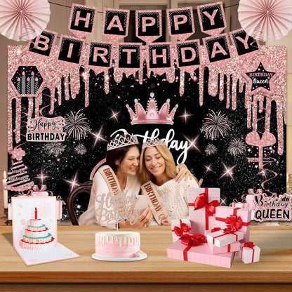 40th Birthday Decorations for Women,32pcs 40th Birthday Party Decorations,Including Backdrop, Crown,Sash,banner, Hanging Swirl,Cake Topper,balloons,Paper Fans,Anniversary Card and paper fans