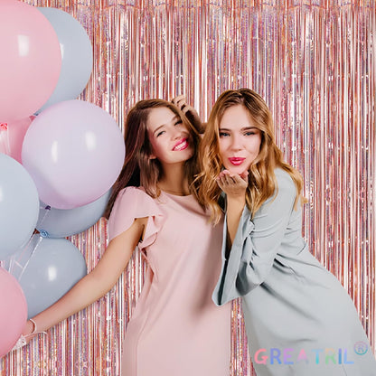 GREATRIL Iridescent Party Tinsel Fringe Backdrop Decorations - Holographic Foil Streamers Curtain for Mermaid/Under The Sea/Frozen/Ocean/Disco/Birthday Themed 3.2ft x 6.5ft - 2 PCS