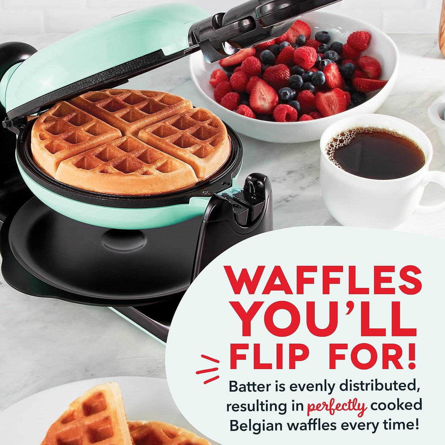 DASH Flip Belgian Waffle Maker – 1” Thick Waffle Mold, Nonstick Waffle Iron with Quick Heat-Up, Surface - Rotating Belgian Waffle Maker for Kids and Families, Just Add Batter (Aqua)