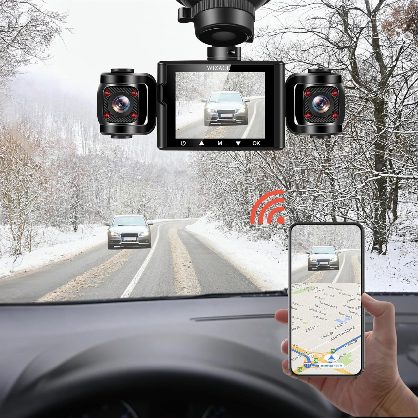 3 Channel Dash Cam WiFi FHD 2K Car Camera with 64GB Card, WIZACE 270° Front Dash Camera Front and Inside Left Right for Cars, Mini Dashcams with Night Vision,Loop Recording,WDR,G-Sensor, APP